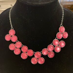 Vintage Silver Tone Pink Pendant Choker Collar Bib Statement Necklace